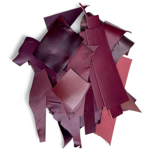 Share 2 lbs Veg Tan Burgundy Bridle Leather Scraps, Full Grain
